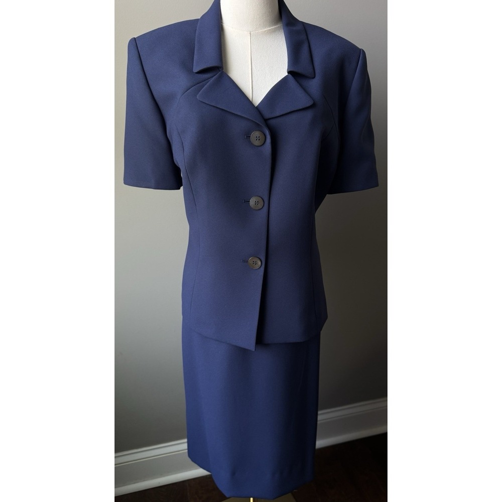 Le Suit Petite Skirt Suit 14P Navy Career Office 2 Pc Set Women